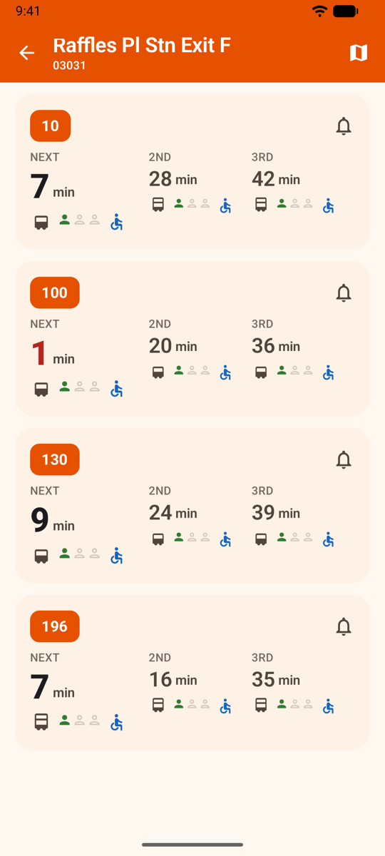 Live arrival times for several services at one stop, with a reminder bell on each