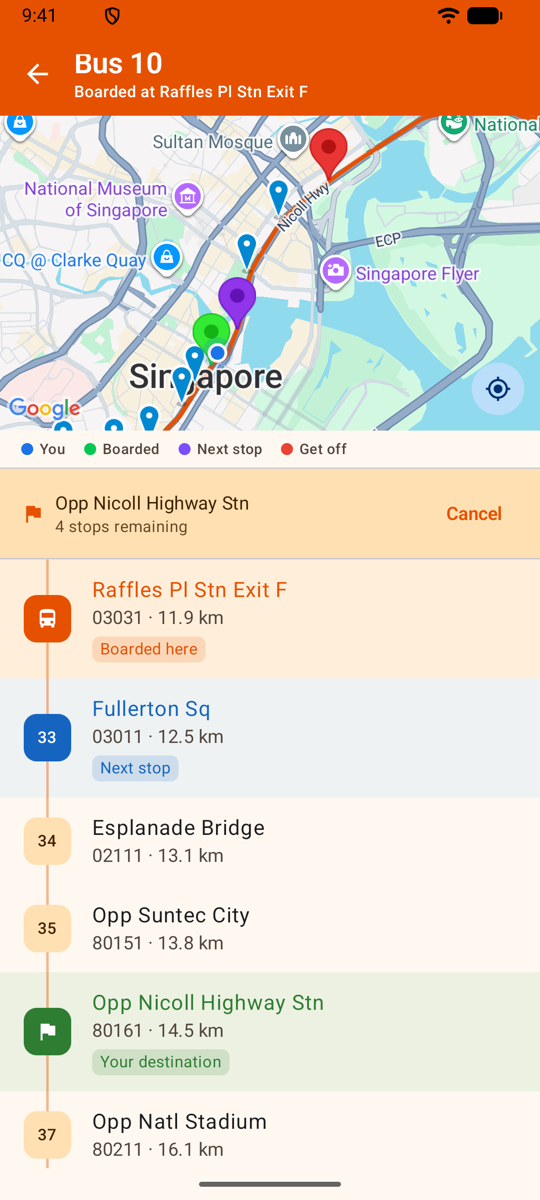 Journey tracking on the map, counting down the stops to your destination