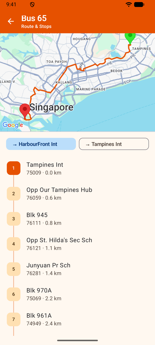 A full bus route drawn on the map with every stop listed below it