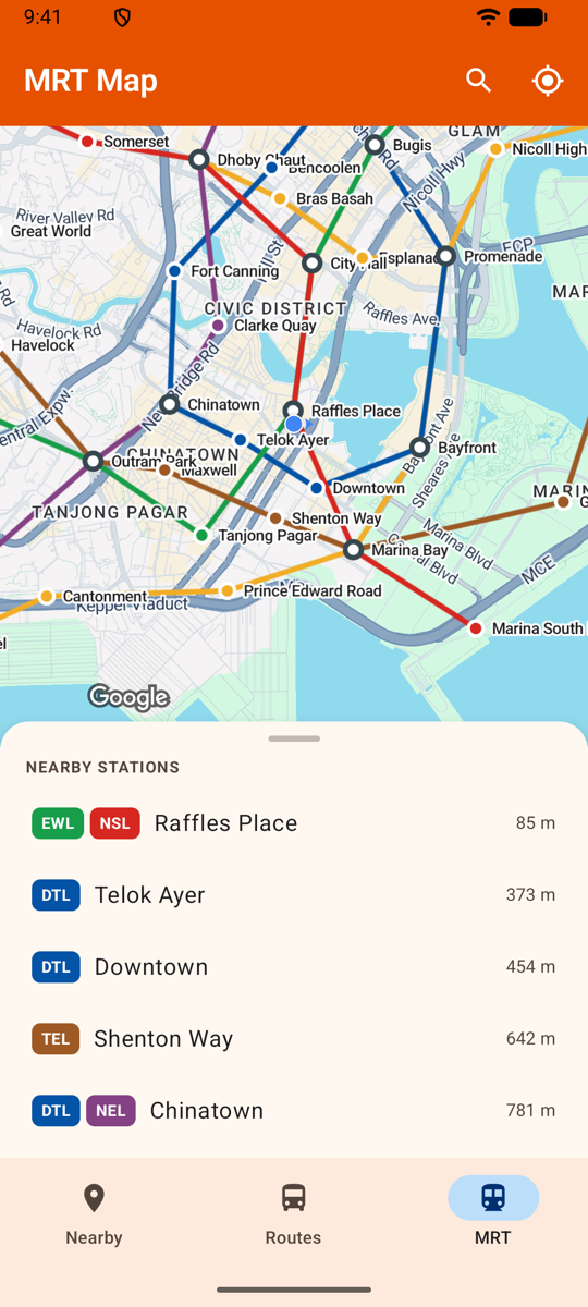 The MRT map with every rail line drawn on it, and the nearest stations listed below
