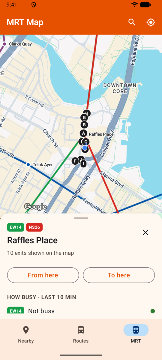 A station on the MRT map, its exits marked and how busy the platforms are right now
